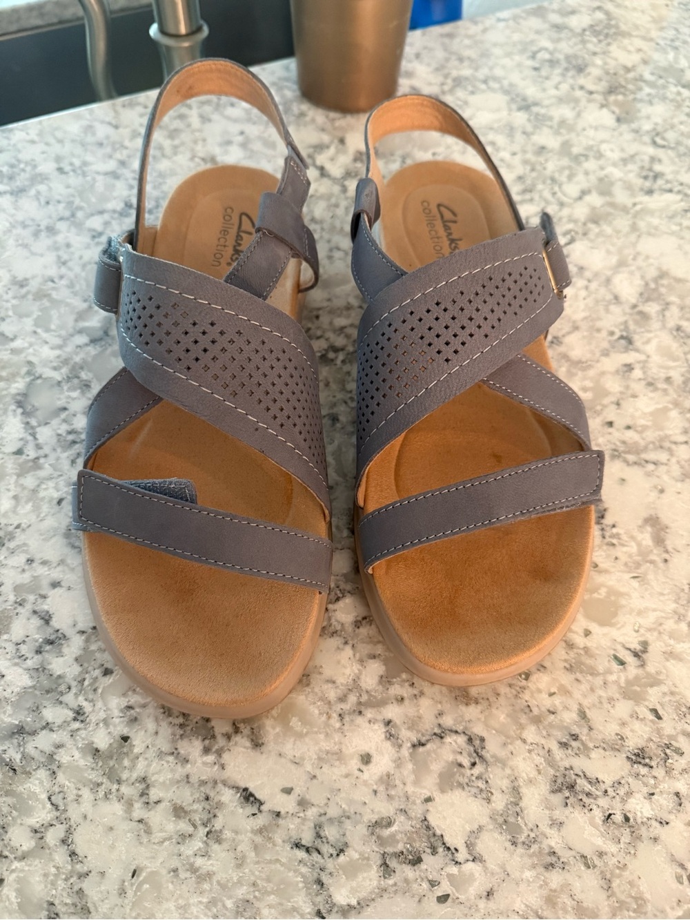 Clarks Women's Gray Perforated Cross-Strap Slingback Sandals
